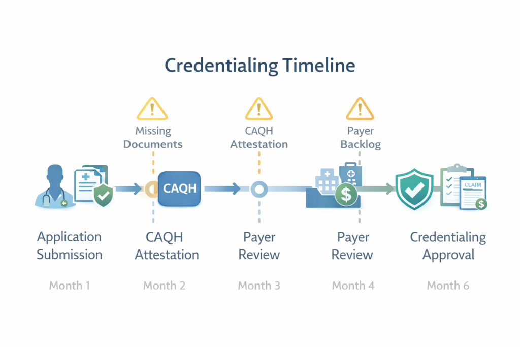 Organized provider credentialing documents including licenses, NPI, CAQH, and malpractice insurance