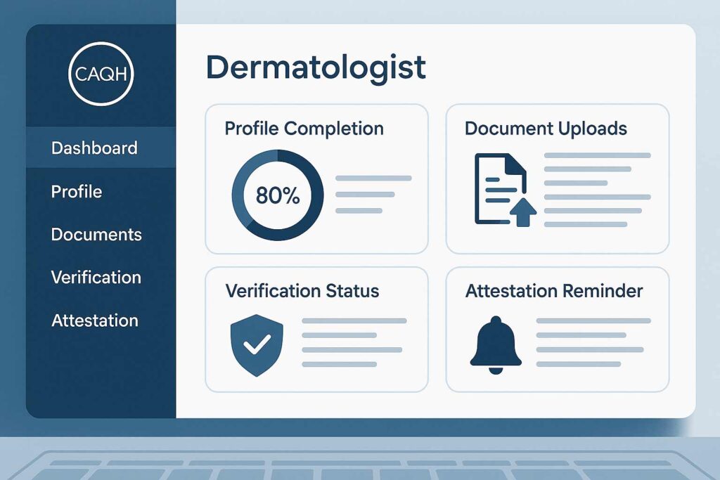 CAQH credentialing dashboard for dermatologists