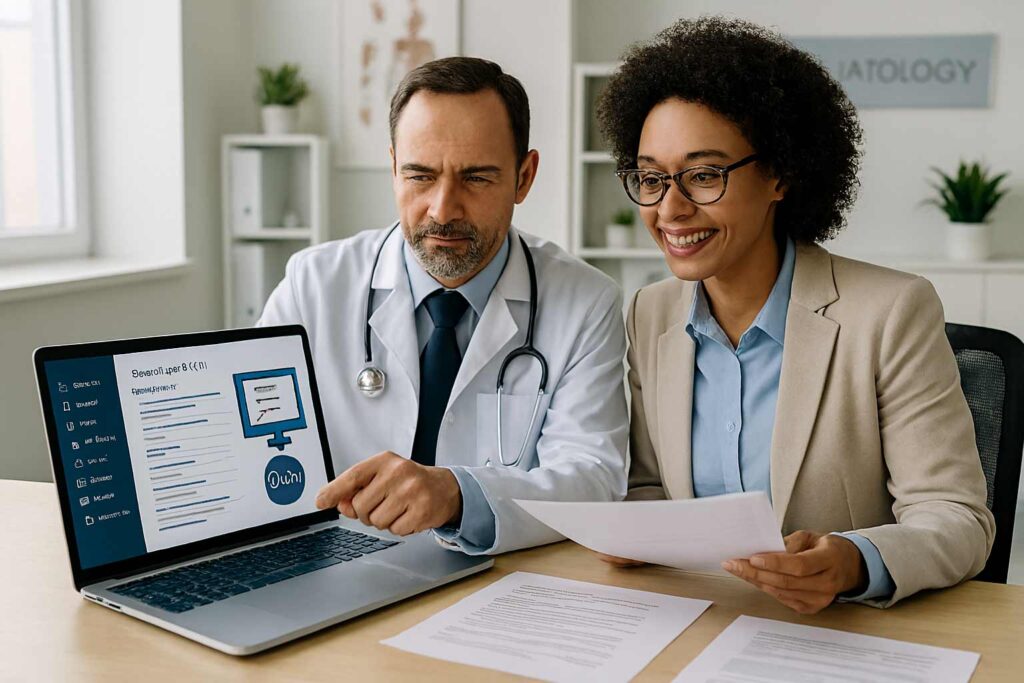 Dermatologist working with credentialing service specialist