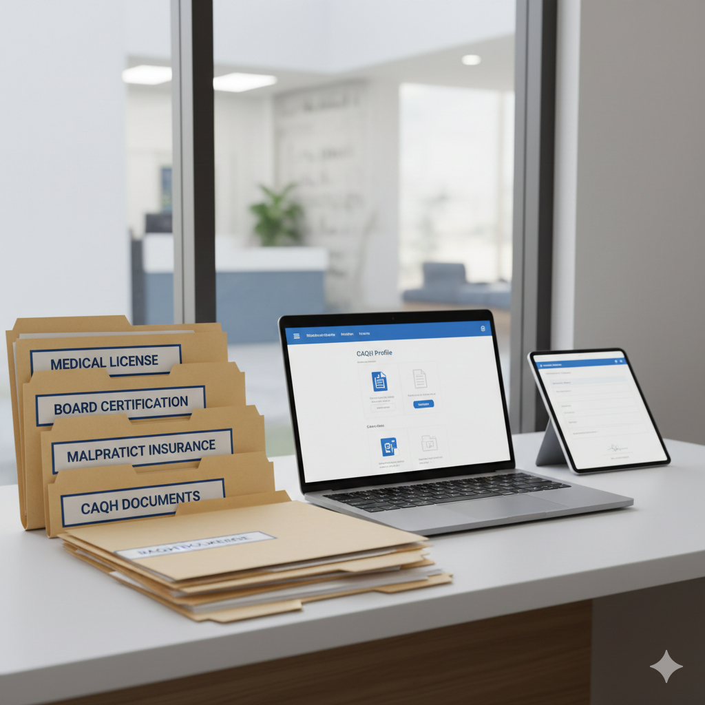 Organized dermatology credentialing documents and CAQH paperwork