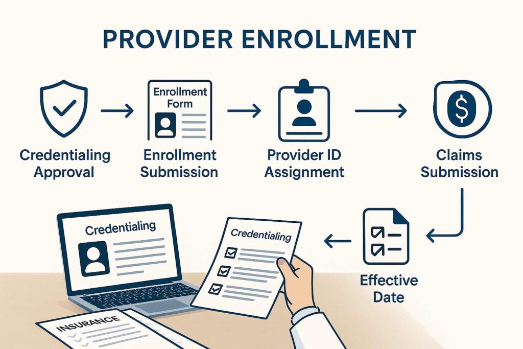 Provider enrollment workflow showing steps from credentialing approval to insurance reimbursement