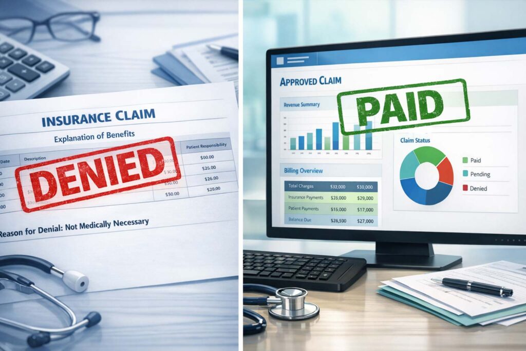 AR denial management in medical billing showing denied insurance claim versus approved paid claim with revenue cycle dashboard