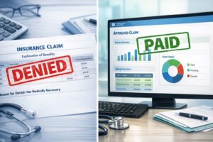 AR denial management in medical billing showing denied insurance claim versus approved paid claim with revenue cycle dashboard