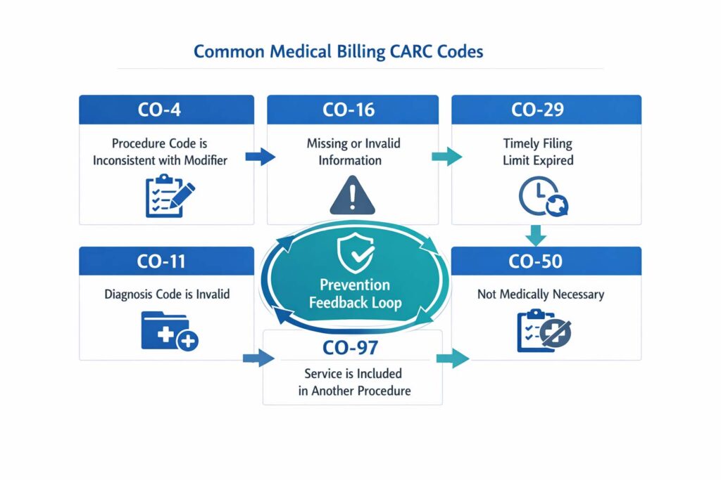 Common CARC denial codes in medical billing and their meanings for insurance claim denials