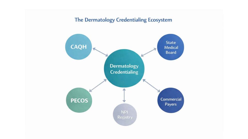dermatology credentialing ecosystem diagram showing CAQH PECOS and commercial payers