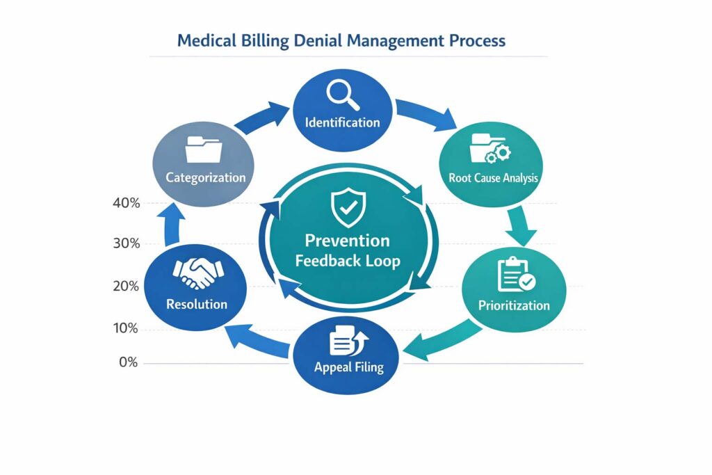 Medical billing denial management workflow from claim denial to appeal and prevention feedback loop