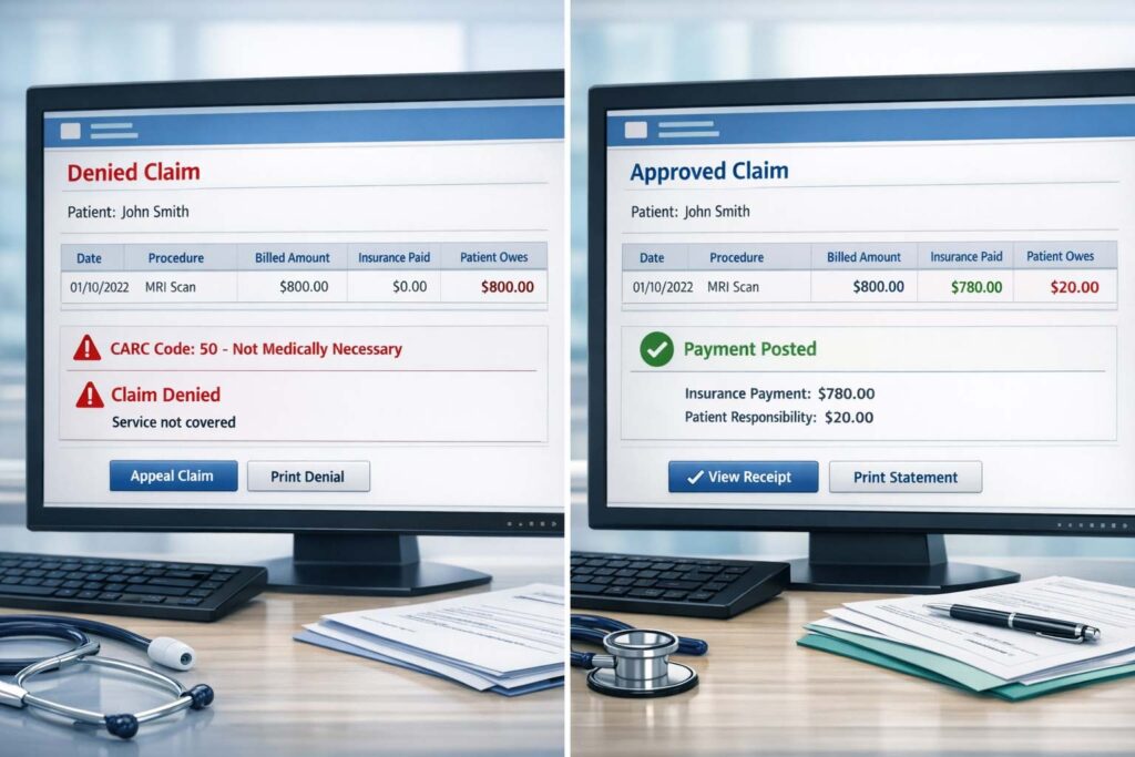 Example of denied versus approved medical insurance claim in AR denial management process