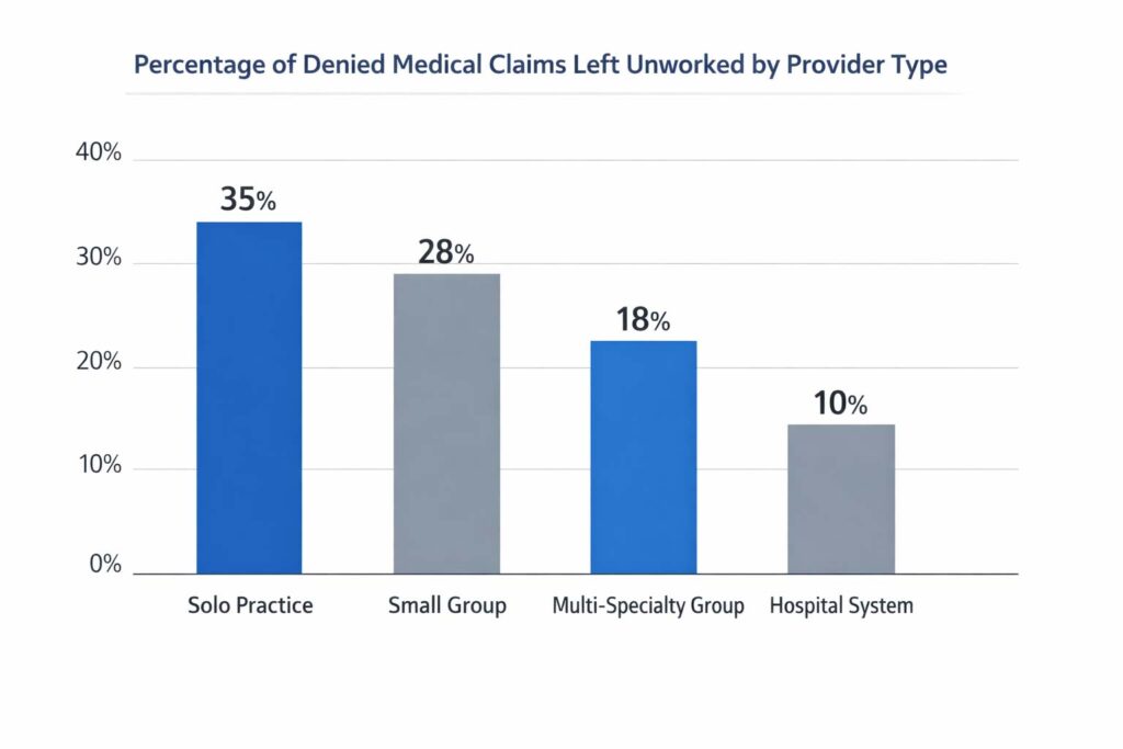Percentage of medical claim denials left unworked by healthcare provider type in revenue cycle management