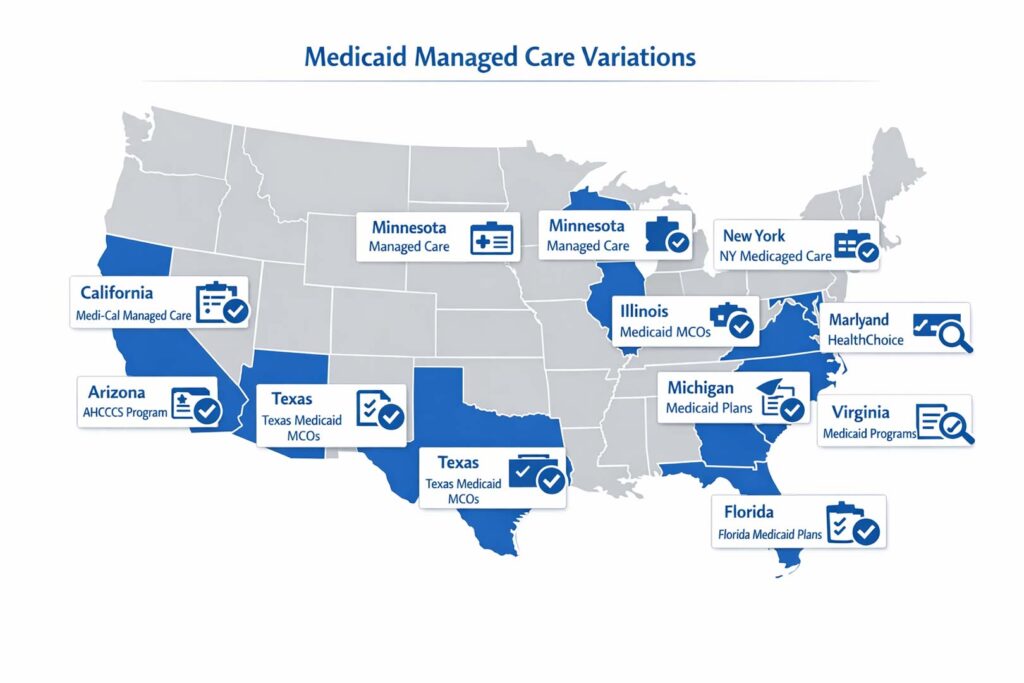 U.S. map showing state variations in Medicaid managed care and medical billing denial management requirements