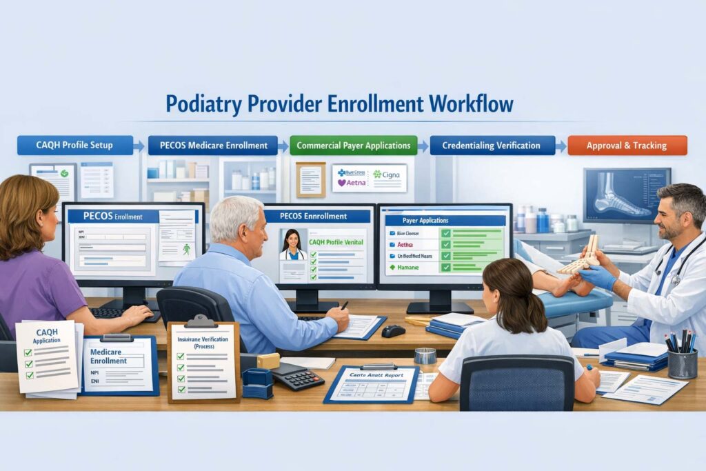 podiatry credentialing process including CAQH PECOS and payer enrollment
