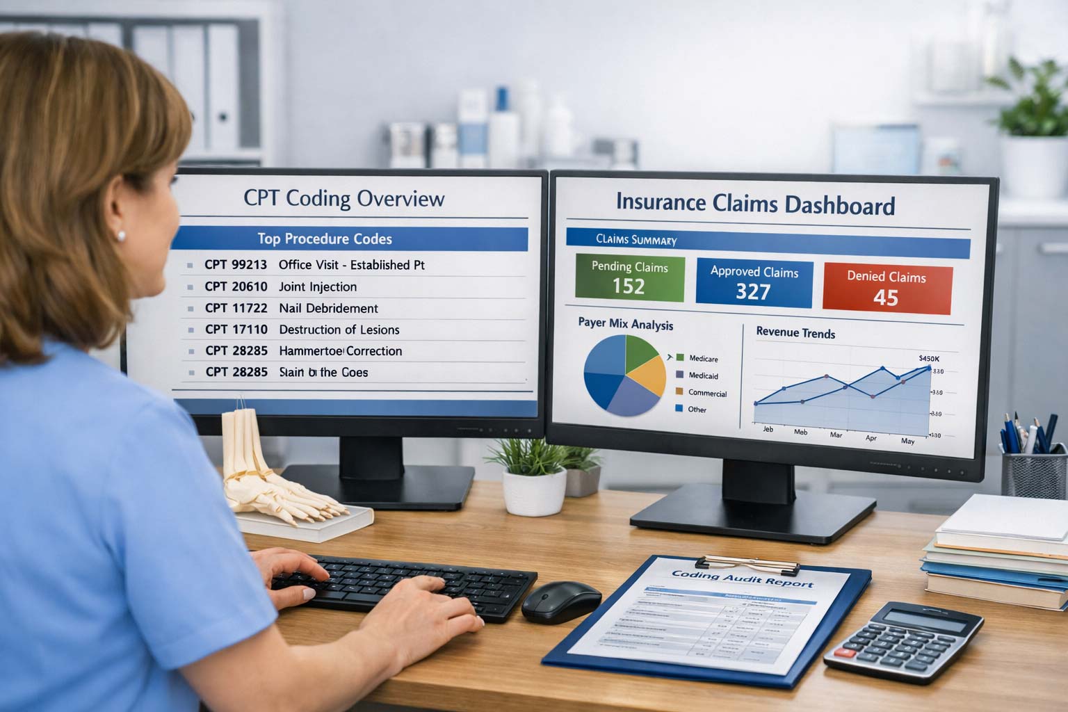 Medical billing specialist reviewing podiatry CPT codes and insurance claims on computer screens