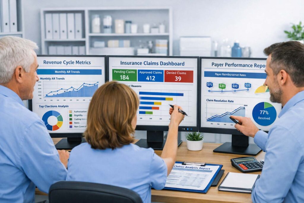 Healthcare revenue cycle management process for podiatry billing including coding, claims submission, and payment posting