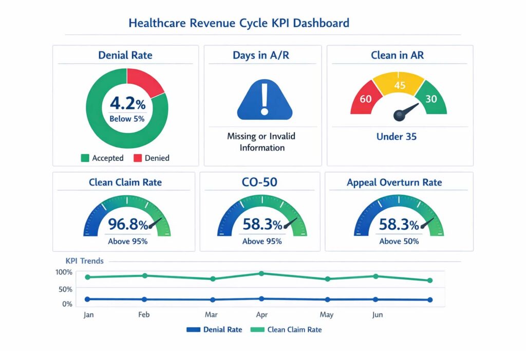 Revenue cycle management KPI dashboard showing denial rate days in AR and clean claim rate benchmarks