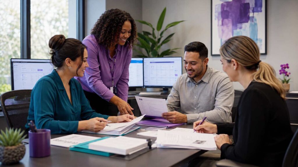 Credentialing specialist team reviewing anesthesiology enrollment and facility privileging documents in a modern office