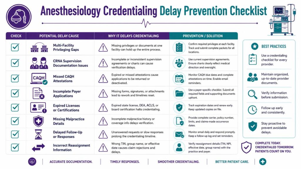 Anesthesiology credentialing checklist showing delay prevention items for facility privileging, CRNA documentation, and CAQH updates