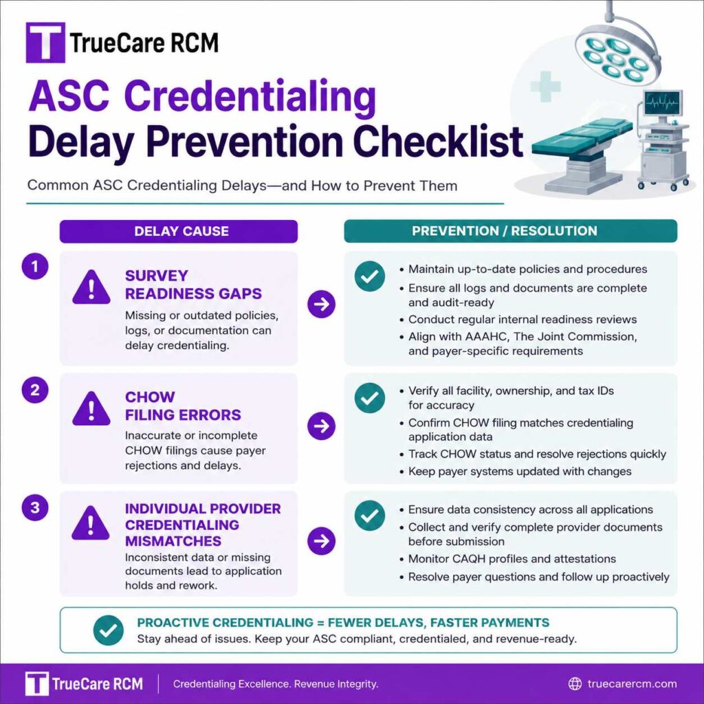 ASC credentialing checklist showing delay prevention for survey readiness gaps, CHOW filing errors, and provider credentialing mismatches