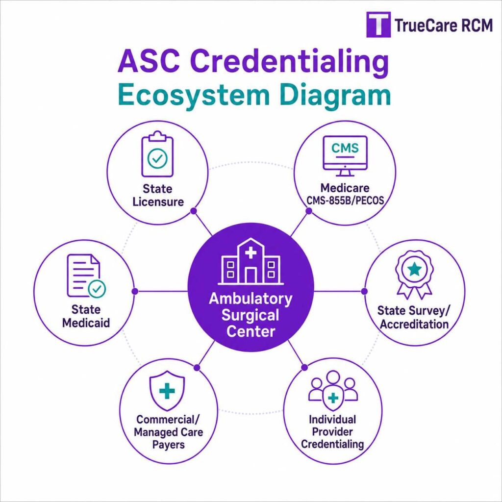 ASC credentialing ecosystem connecting ambulatory surgical centers with licensure, Medicare CMS-855B, accreditation, Medicaid, payers, and provider credentialing