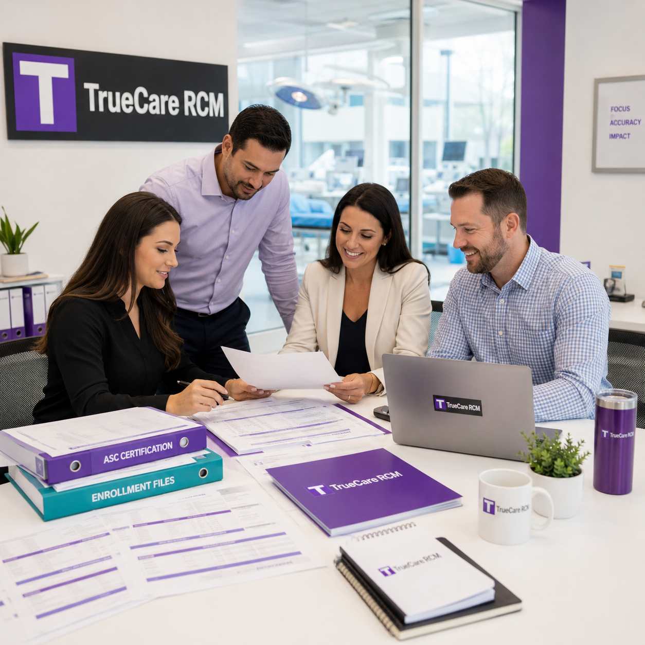 Credentialing specialist team reviewing ambulatory surgical center certification and enrollment files in a modern office