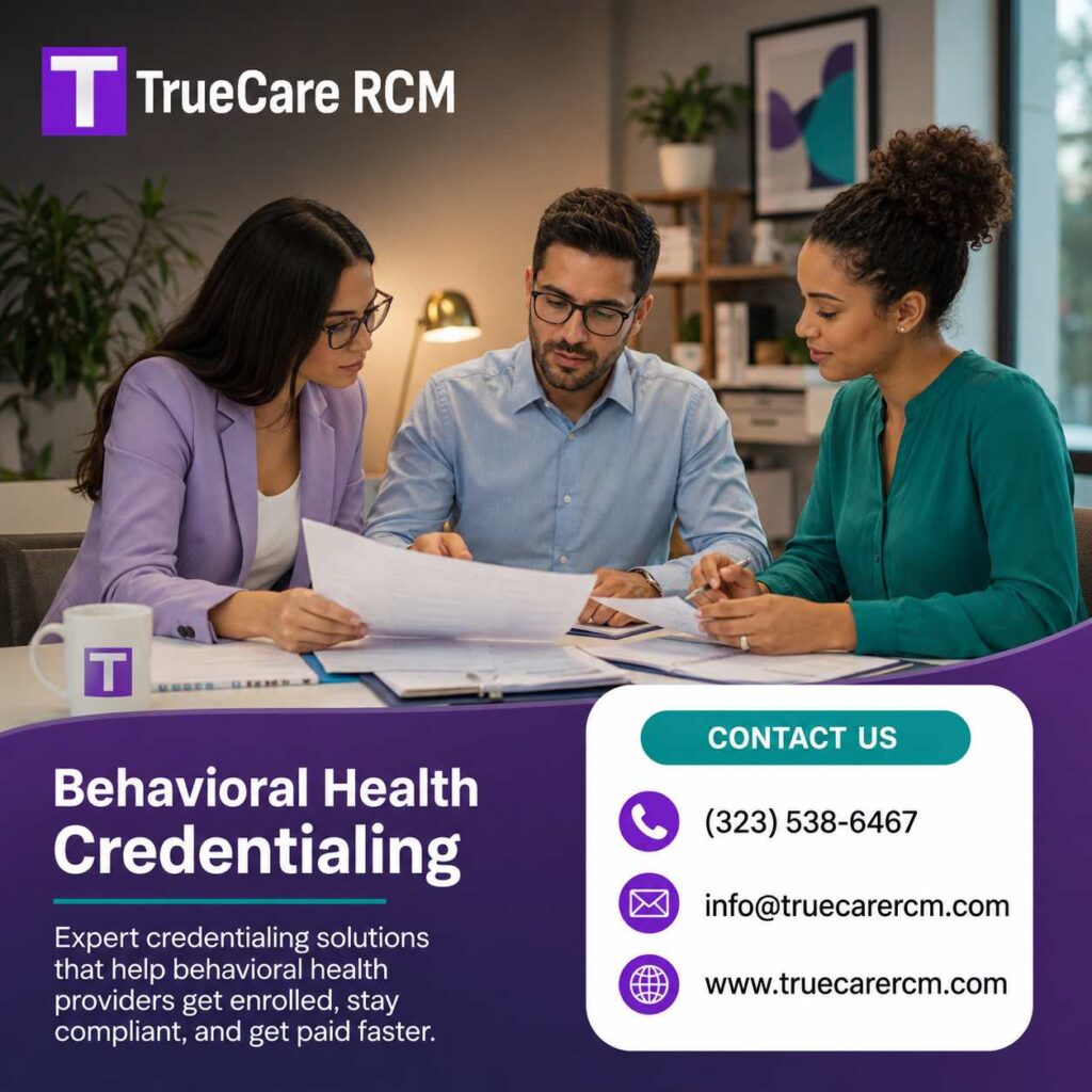 Behavioral health credentialing specialist team reviewing enrollment documents in a calm modern office