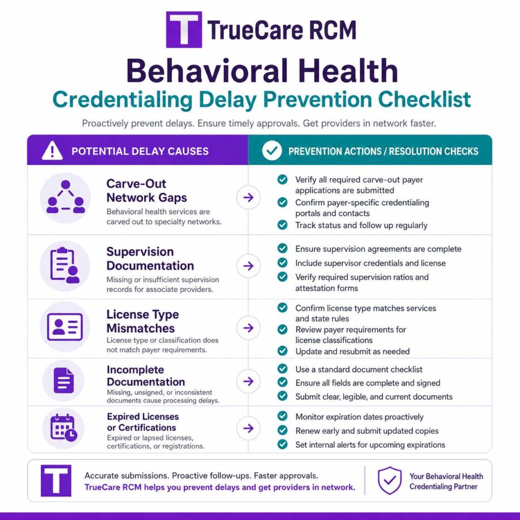 Behavioral health credentialing checklist showing delay prevention for carve-out network gaps, supervision documentation, and license mismatches