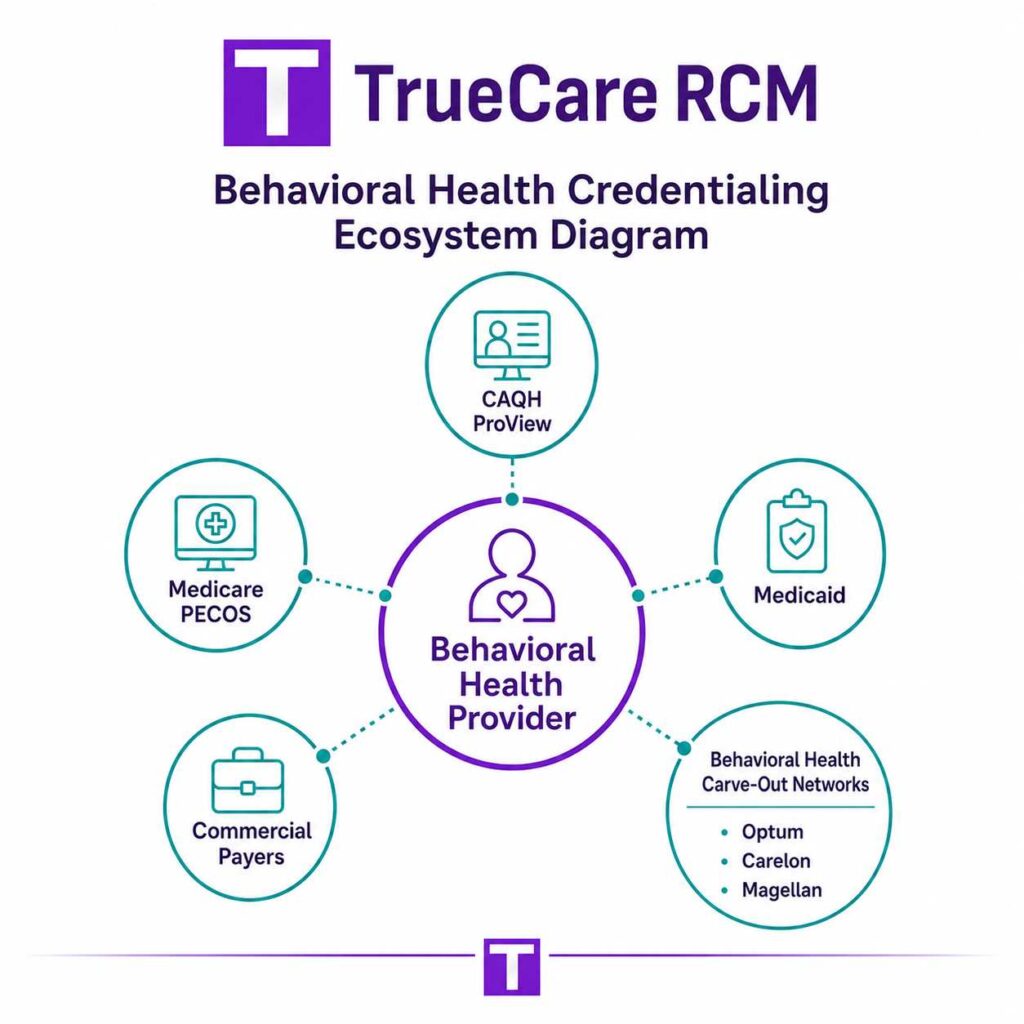 Behavioral health credentialing ecosystem connecting providers with CAQH, PECOS, Medicaid, payers, and carve-out networks