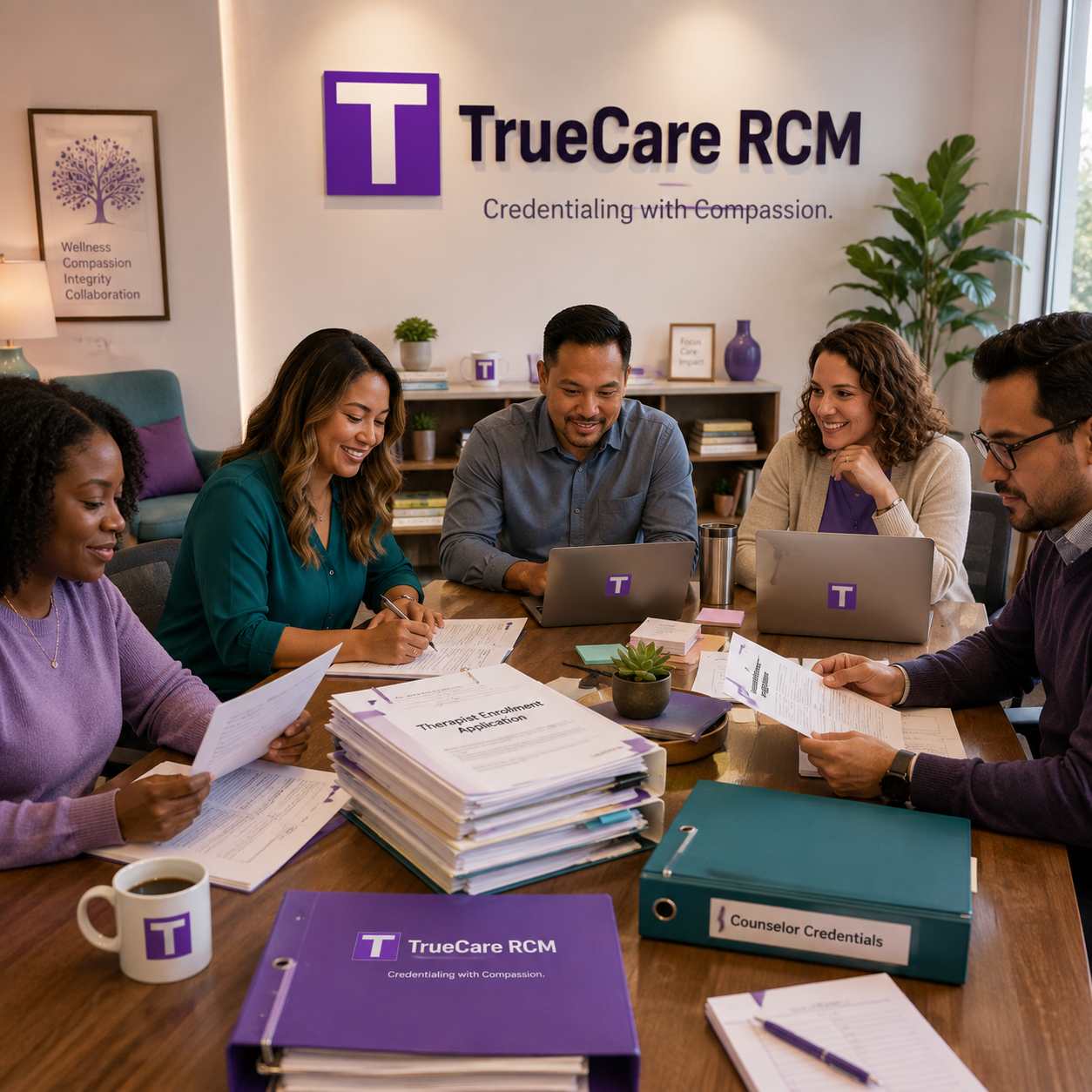 Behavioral health credentialing specialists reviewing therapist and counselor enrollment files in a calm modern office