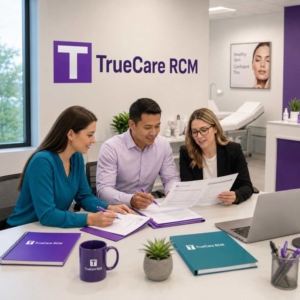Dermatology credentialing specialist team reviewing enrollment documents in a bright modern office