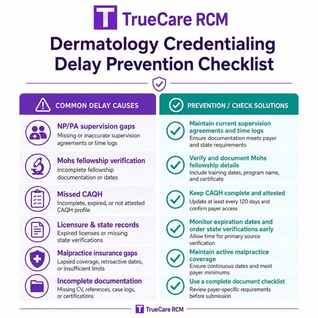 Dermatology credentialing checklist showing delay prevention for NP PA supervision gaps, Mohs verification, and CAQH updates