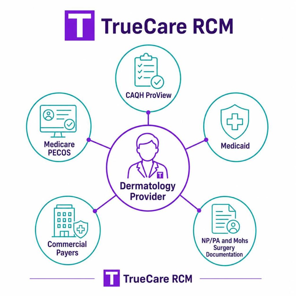 Dermatology credentialing ecosystem connecting providers with CAQH, PECOS, Medicaid, payers, NP PA documentation, and Mohs surgery verification