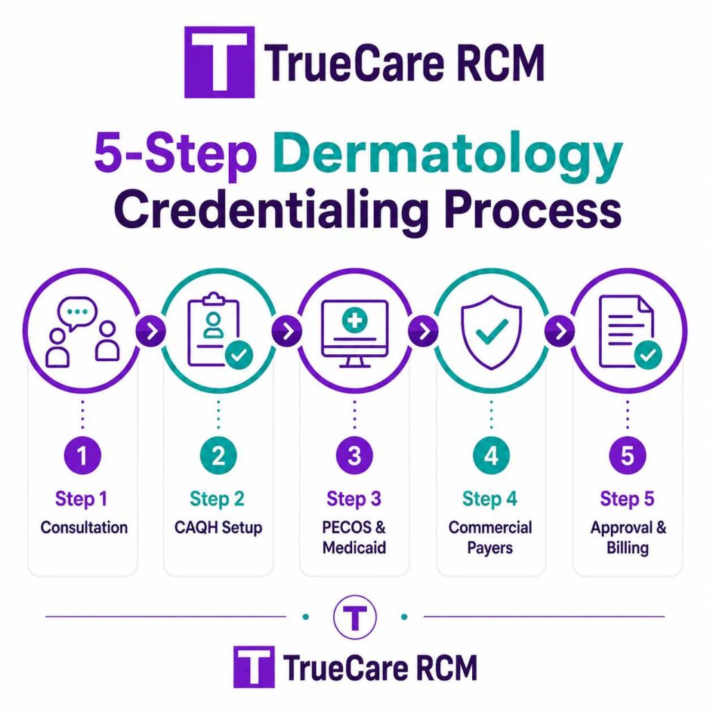 Five-step dermatology credentialing process from consultation and CAQH setup to payer approval and billing