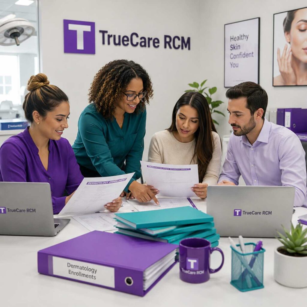 Credentialing specialist team reviewing dermatology enrollment files in a modern office with dermatology clinic visual cues