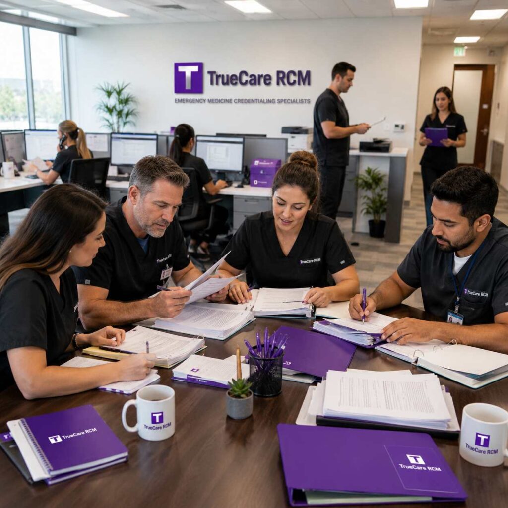 Emergency medicine credentialing specialist team reviewing enrollment and hospital privileging documents in a modern office