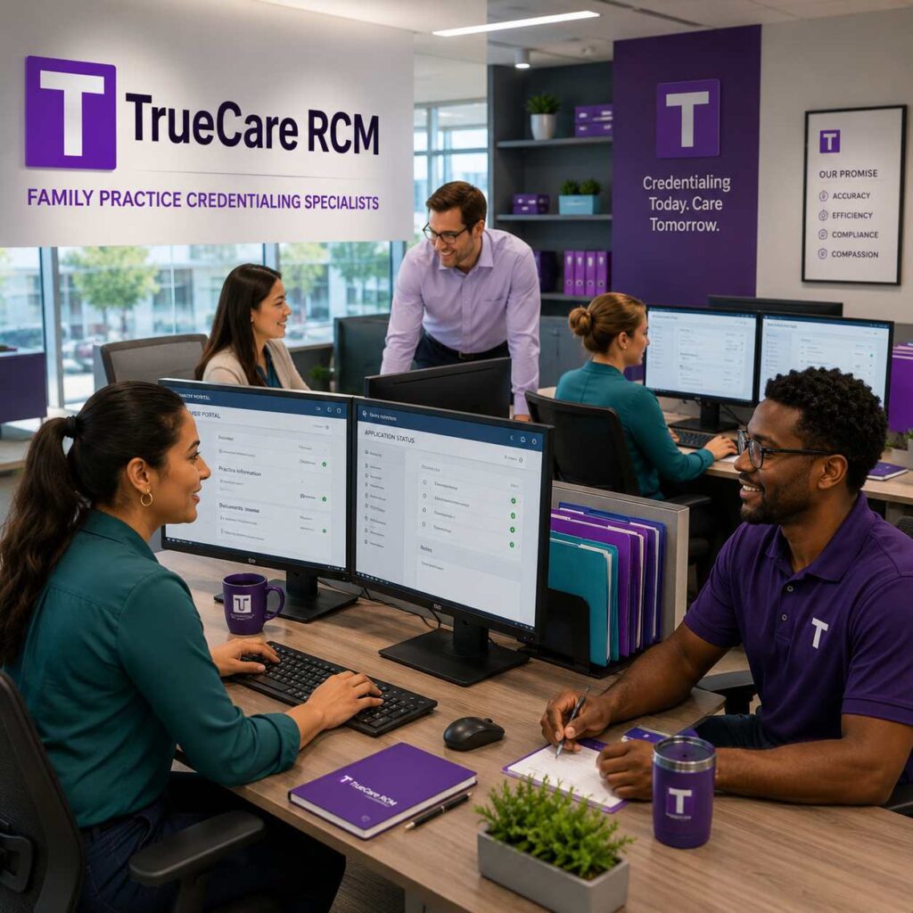 TrueCare RCM credentialing team reviewing payer portals and enrollment documents in a modern office