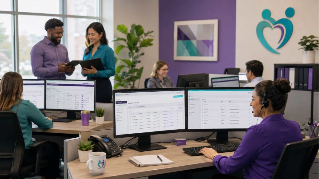 TrueCare RCM credentialing team reviewing payer portals and enrollment documents in a modern office
