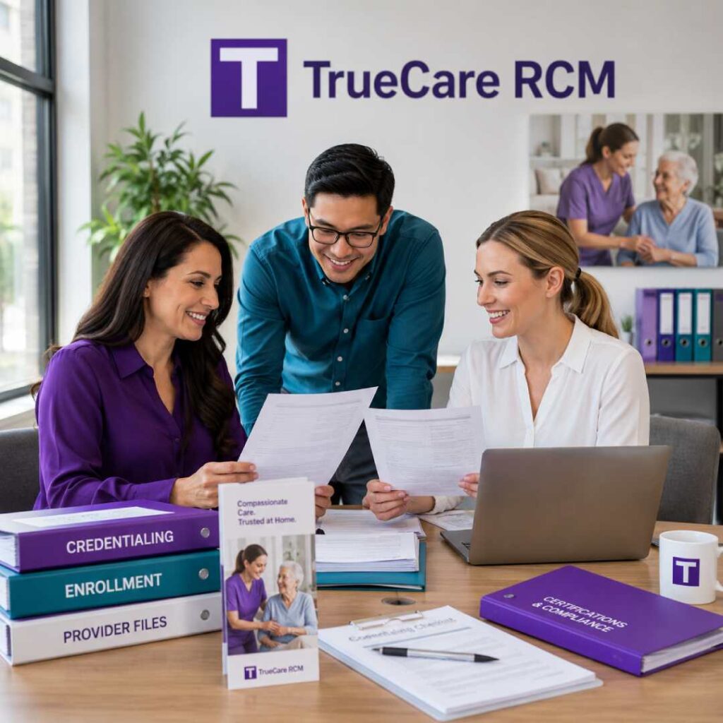 Home health credentialing specialist team reviewing certification and enrollment paperwork in a modern office