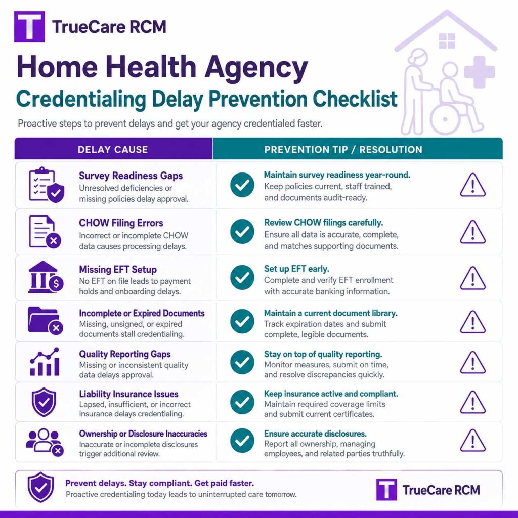 Home health agency credentialing checklist showing delay prevention for survey readiness, CHOW filing errors, and EFT setup