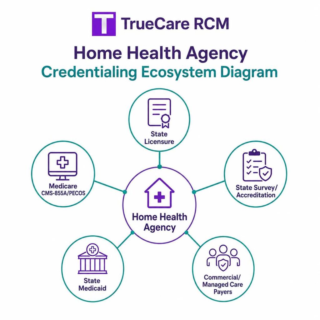 Home health agency credentialing ecosystem connecting licensure, Medicare CMS-855A, survey accreditation, Medicaid, and managed care payers