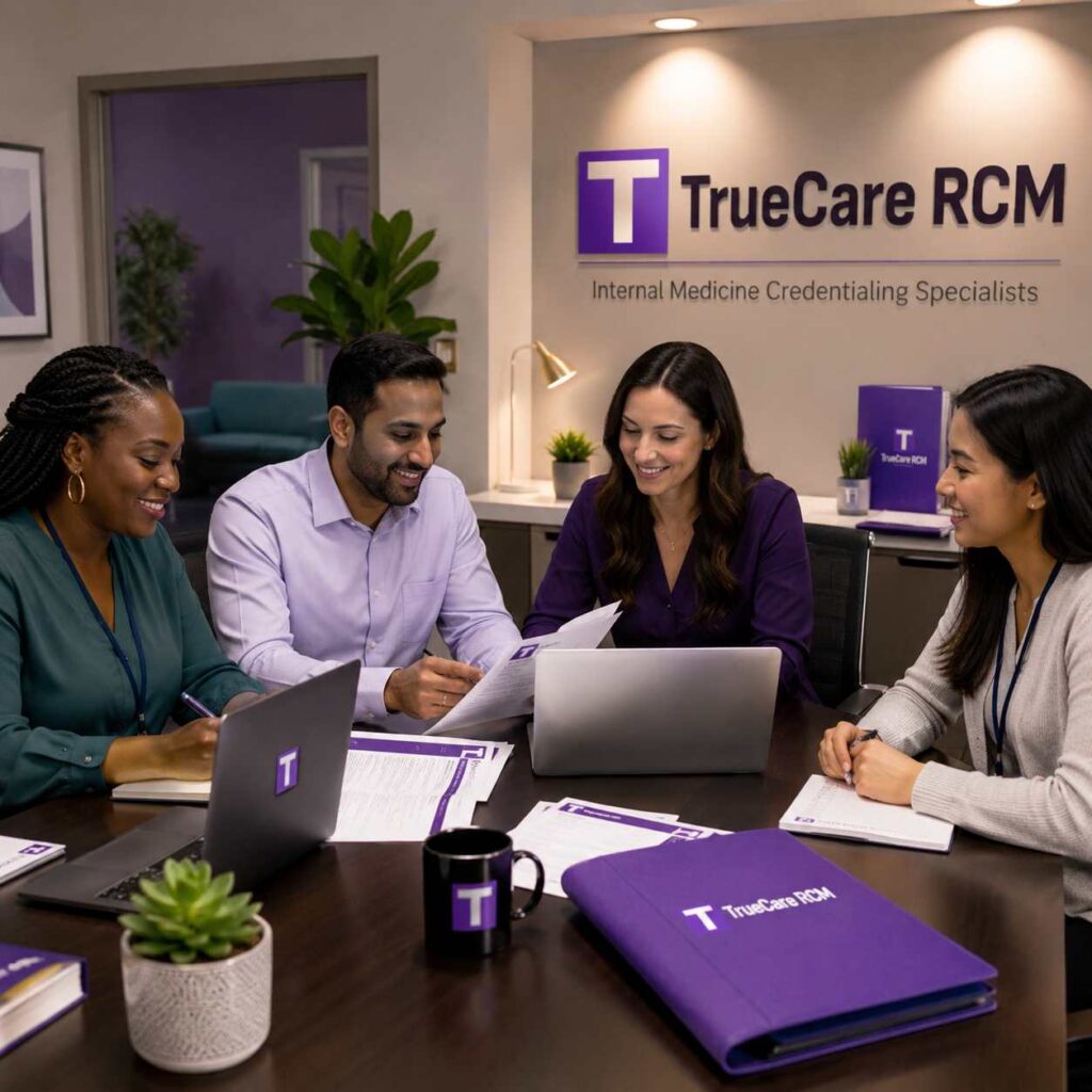 Credentialing specialist team collaborating over documents and payer portal laptops in a modern medical administrative office