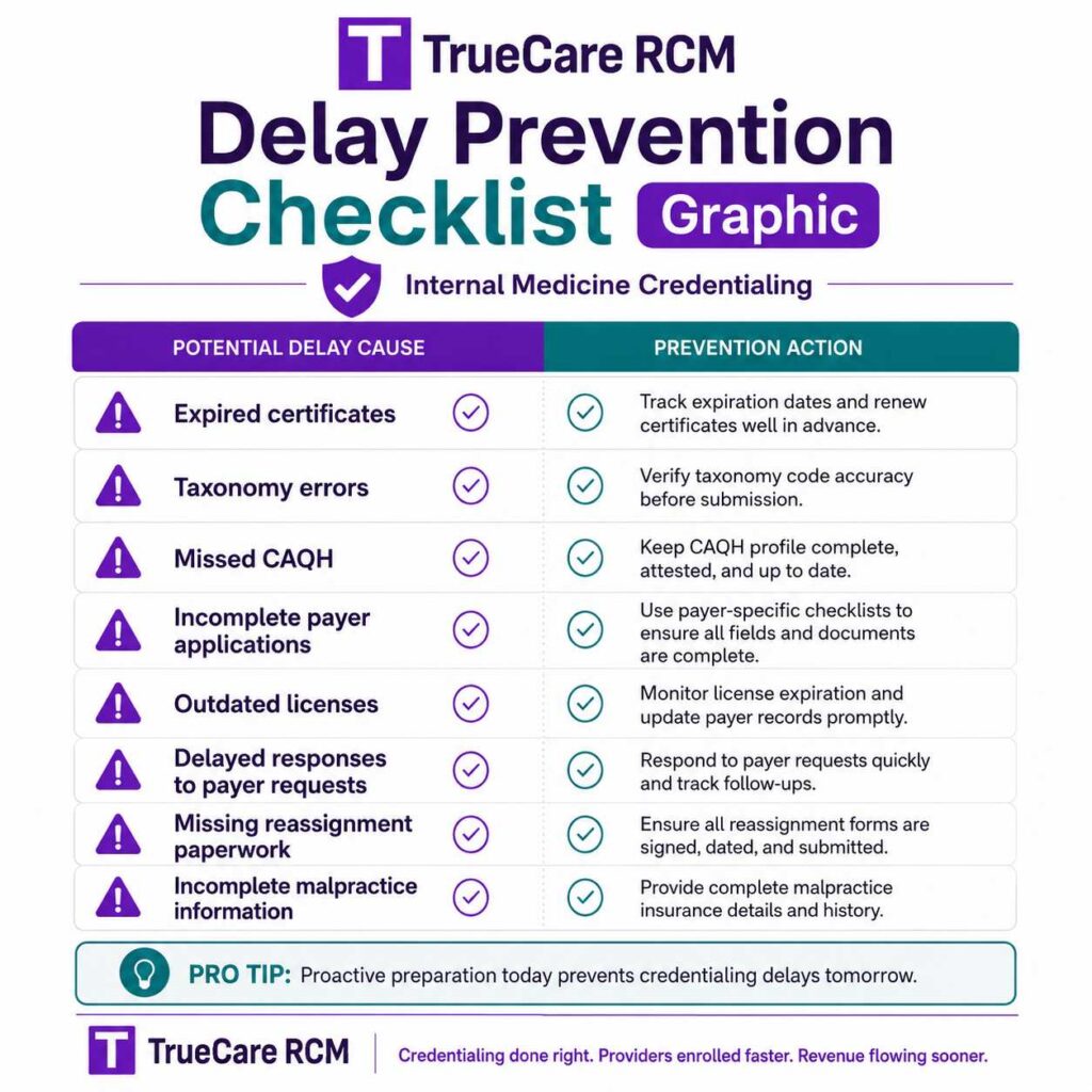Internal medicine credentialing checklist showing delay prevention for expired certificates, taxonomy errors, and missed CAQH updates