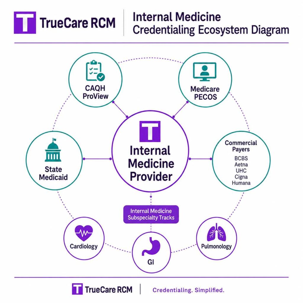 Internal medicine credentialing ecosystem connecting providers with CAQH, PECOS, Medicaid, commercial payers, and subspecialty tracks