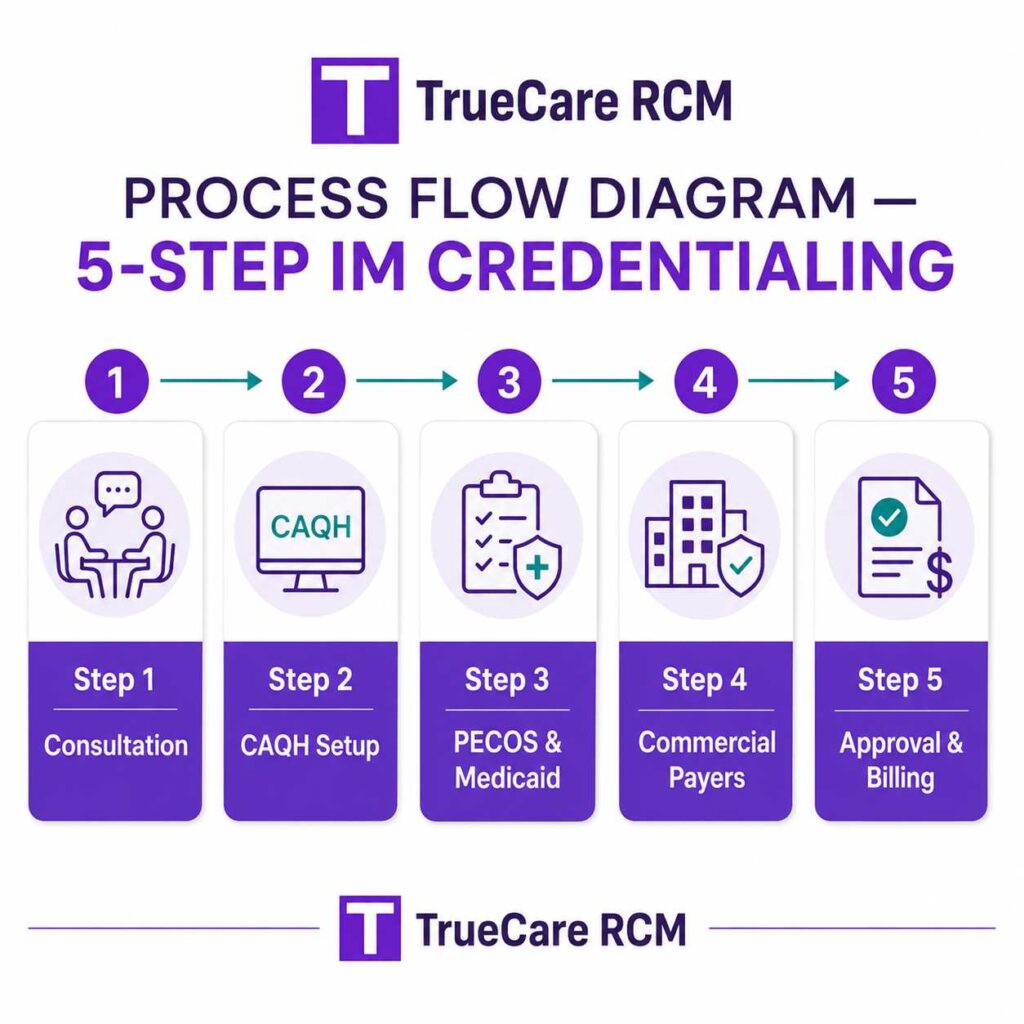 Five-step internal medicine credentialing process from consultation and CAQH setup to payer approval and billing