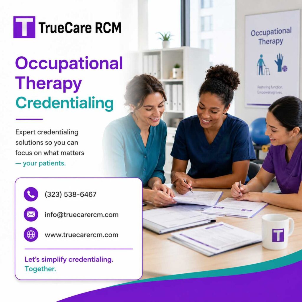 Occupational therapy credentialing specialist team reviewing enrollment documents in a bright modern office
