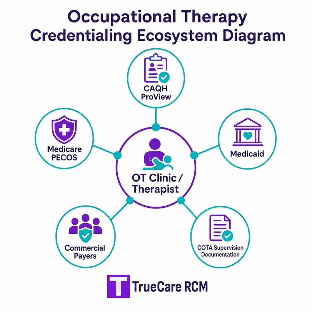 Occupational therapy credentialing ecosystem connecting OT clinics and therapists with CAQH, PECOS, Medicaid, commercial payers, and COTA supervision documentation