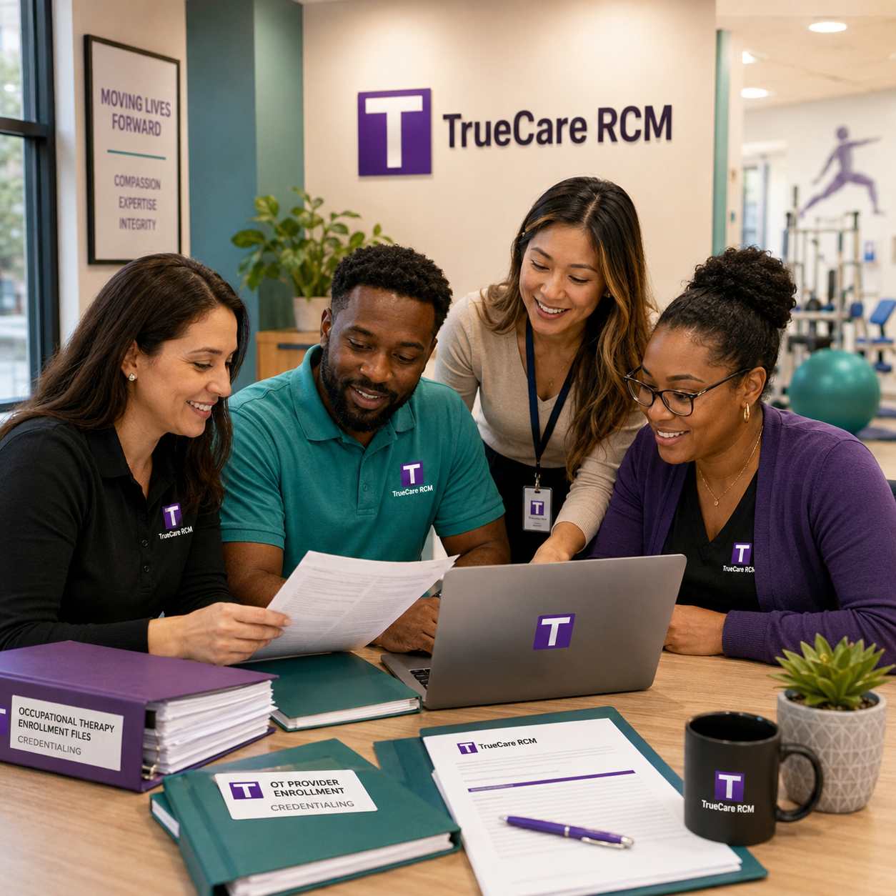 Credentialing specialist team reviewing occupational therapy enrollment files in a modern office with rehabilitation clinic visual cues