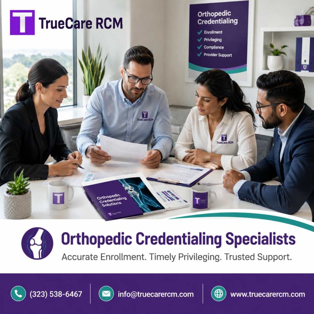 Orthopedic credentialing specialist team reviewing enrollment and facility privileging documents in a bright modern office