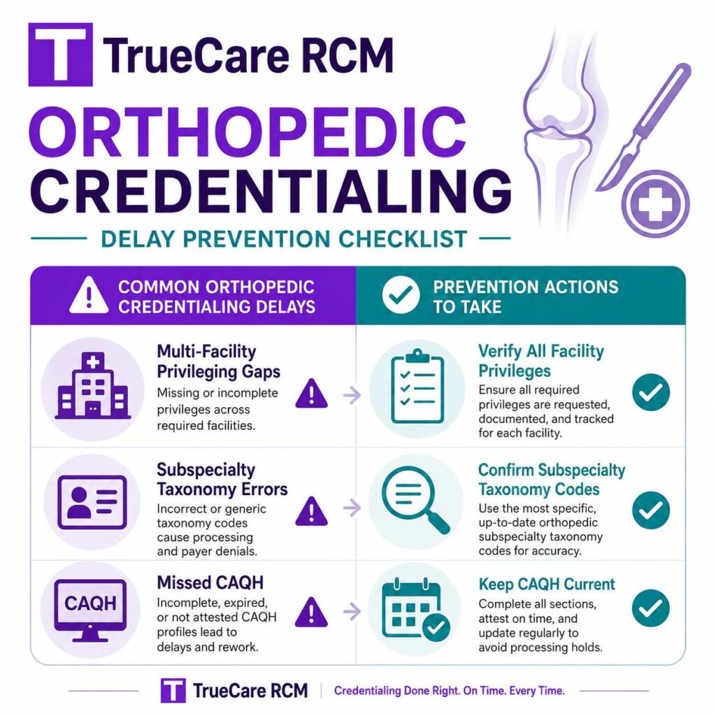 Orthopedic credentialing checklist showing delay prevention for multi-facility privileging gaps, taxonomy errors, and CAQH updates