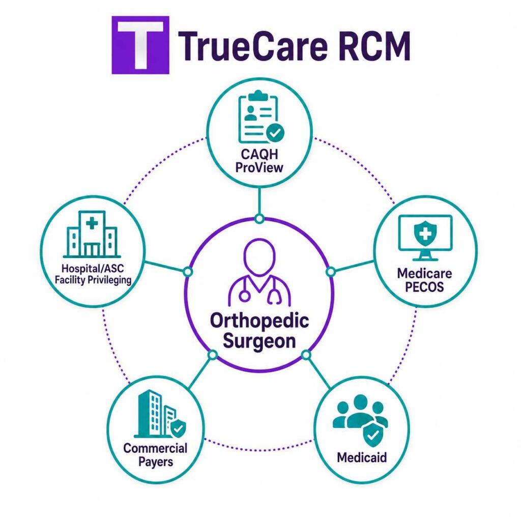Orthopedic credentialing ecosystem connecting orthopedic surgeons with CAQH, PECOS, Medicaid, commercial payers, and hospital ASC privileging