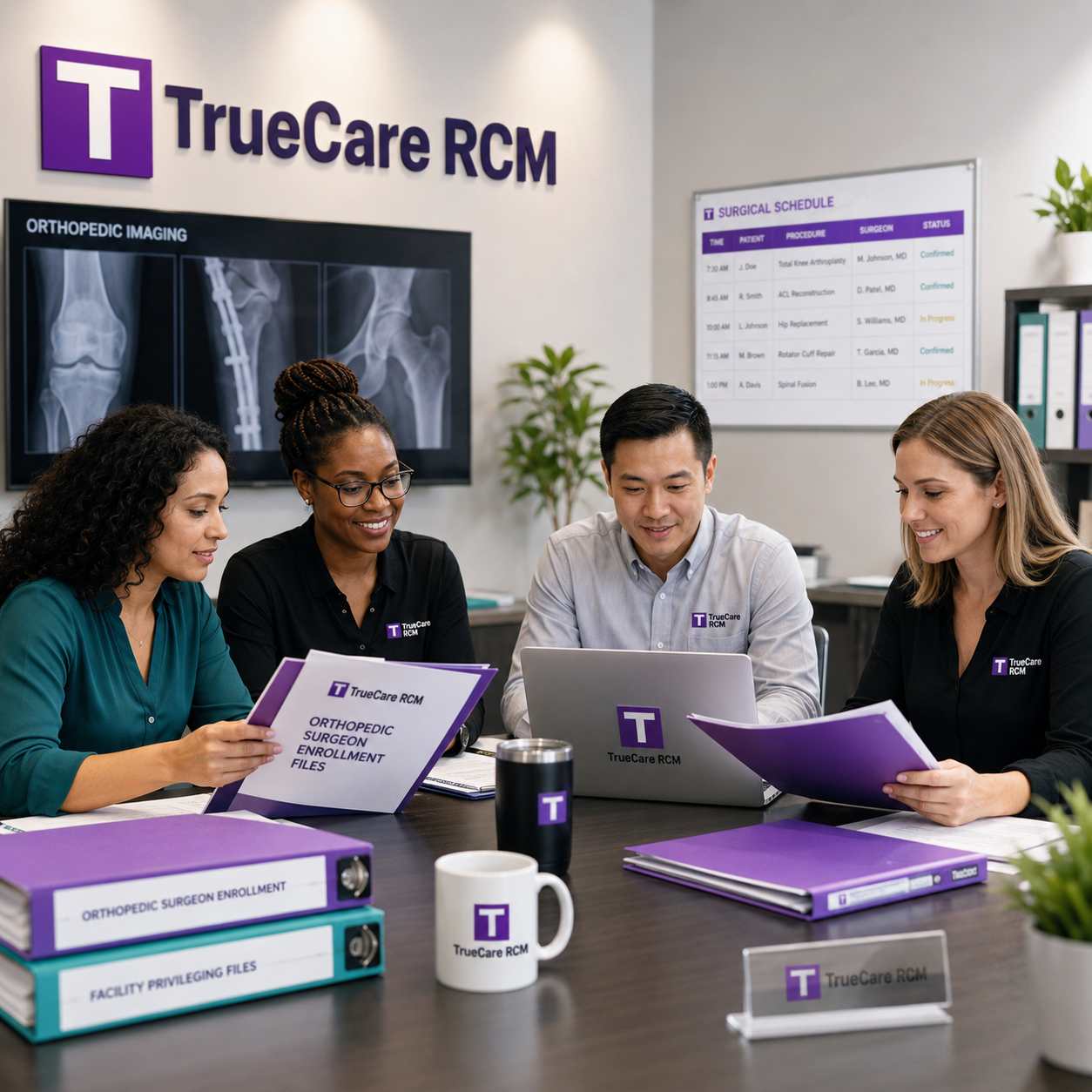 Credentialing specialist team reviewing orthopedic surgery enrollment and facility privileging files in a modern office