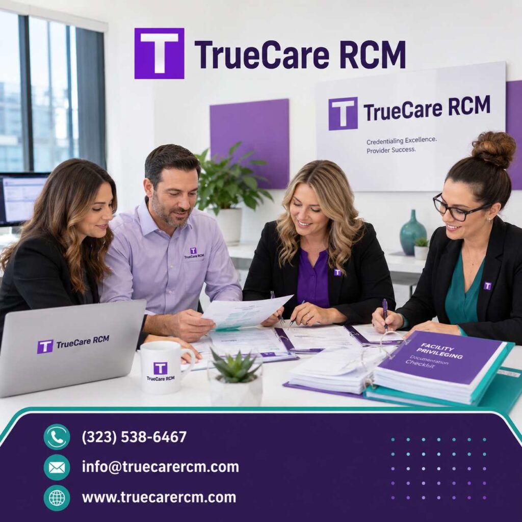 Pain management credentialing specialist team reviewing enrollment and facility privileging documents in a bright modern office