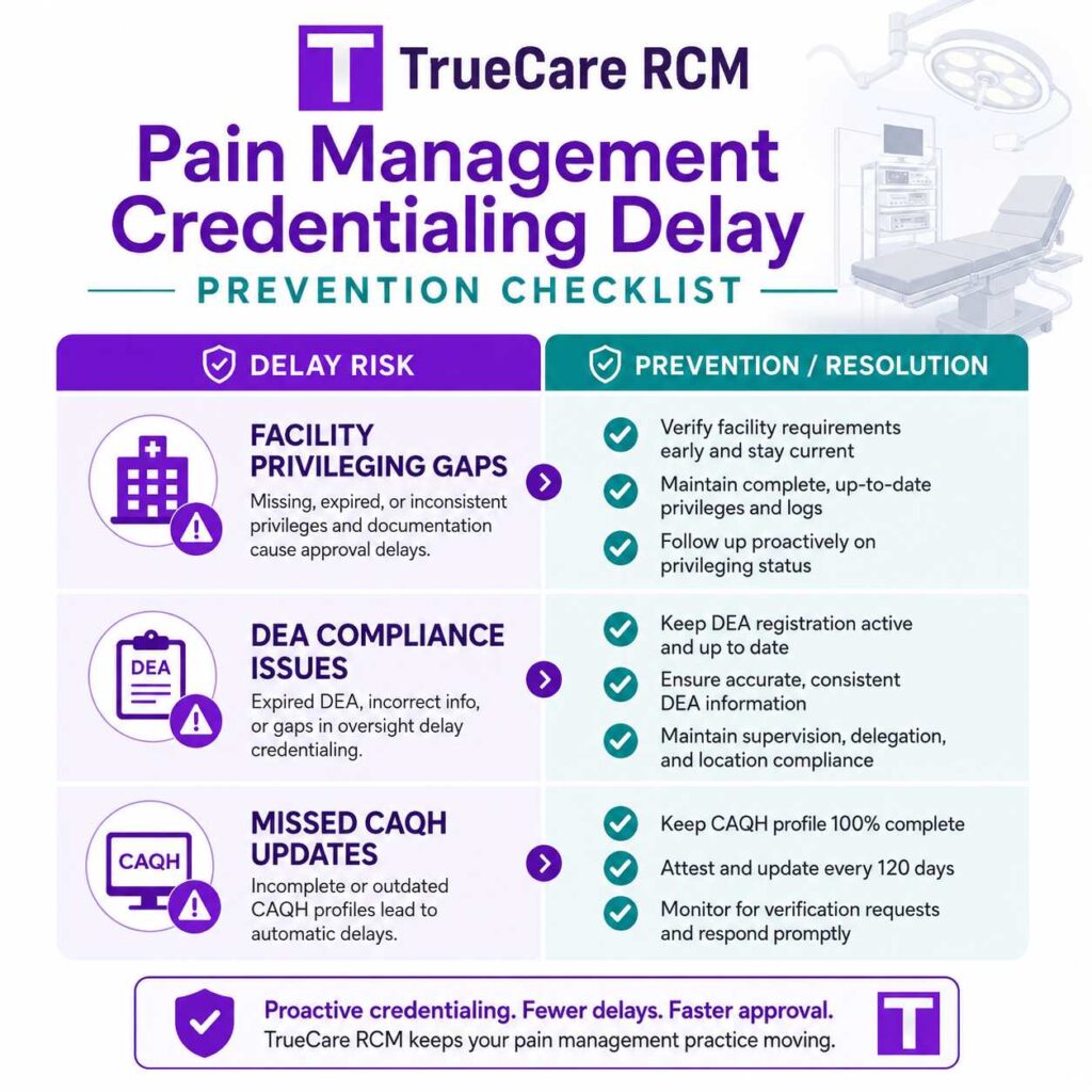 Pain management credentialing checklist showing delay prevention for facility privileging gaps, DEA compliance, and CAQH updates